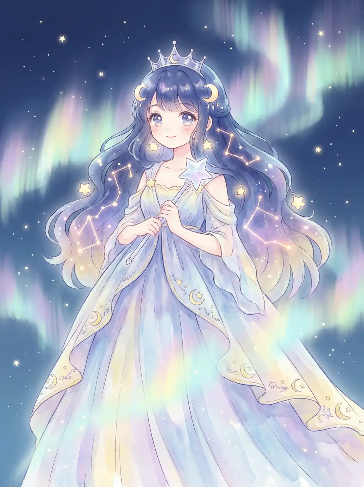 女生和女生一起打扑克差差 - 星辰公主希尔角色设定图，手持星光权杖